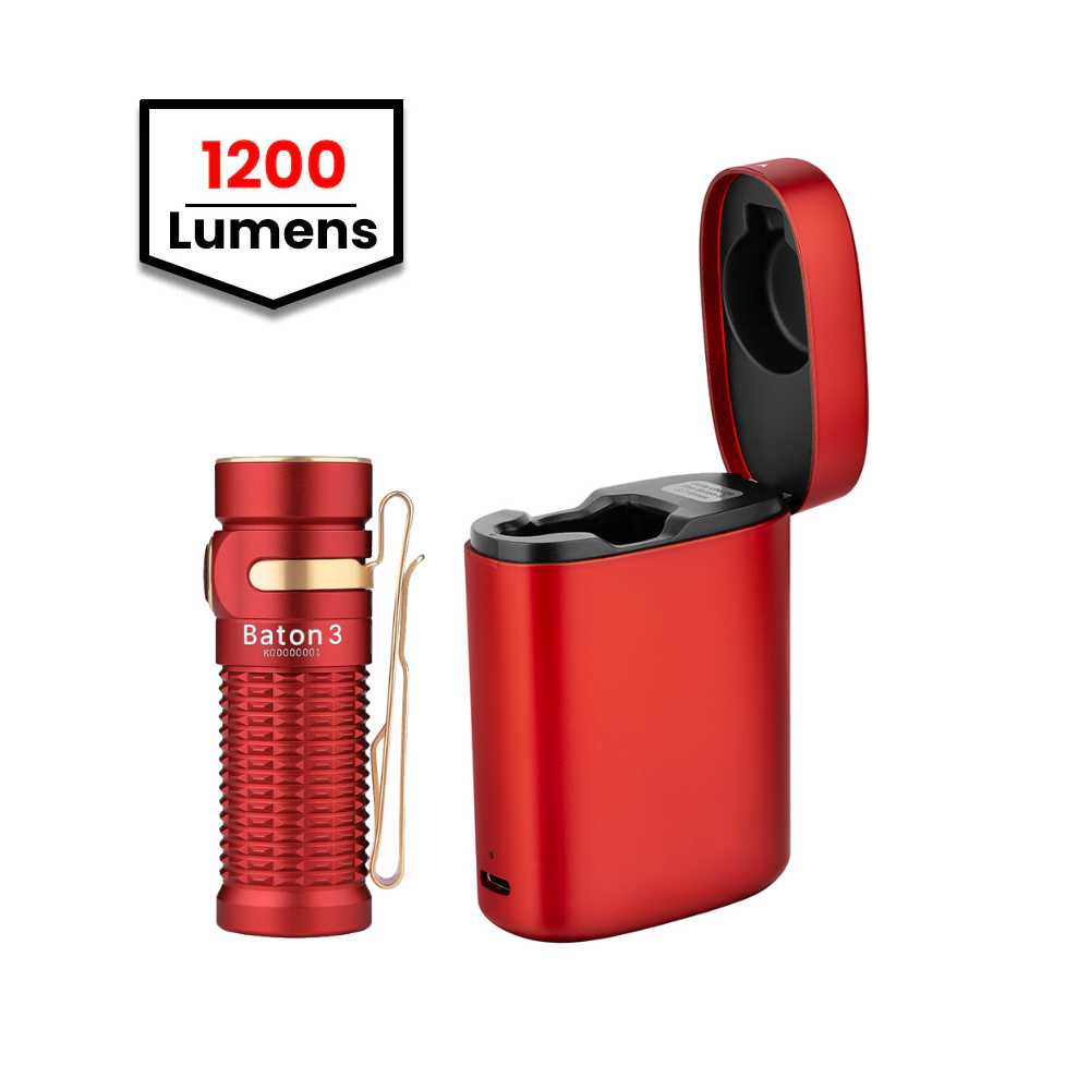 Olight Baton 3 Rechargeable EDC Flashlight With Charging Case | Premium Edition Red