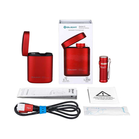 Olight Baton 3 Rechargeable EDC Flashlight With Charging Case | Premium Edition Red | Package Contents